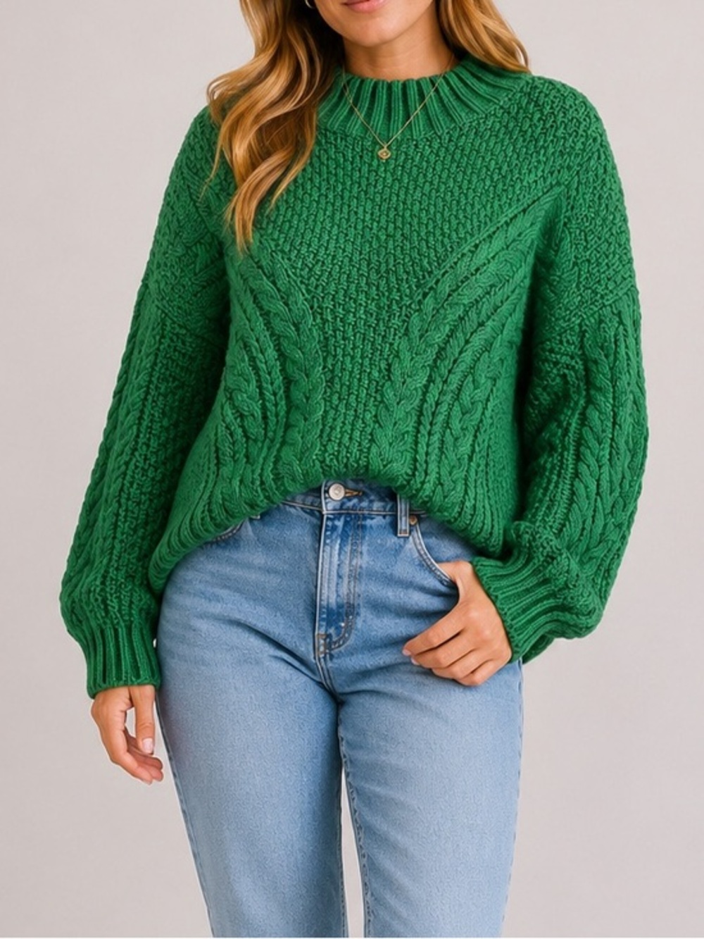 Mango Kelly Green Cable Cozy Chunky Perkins Neck Oversized Pullover Knit Sweater